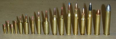 Rifle cartridges of various calibers from left to right: .17 HM2, .17 HMR, .22LR, .22 WMR, .17/23 SMc, 5mm/35 SMc, .22 Hornet, .223 Remington, .223 WSSM, .243 Winchester, .243 Winchester Improved (Ackley), .25-06, .270 Winchester, .308, .30-06, .45-70 Govt, .50-90 Sharps