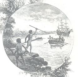 A nineteenth century engraving showing "natives opposing the arrival of Captain James Cook" in 1770.