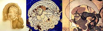 Iconographical evolution of the Wind God. Left: Greek Wind God from Hadda, second century. Middle: Wind God from Kizil, Tarim Basin, seventh century. Right: Japanese Wind God Fujin, seventeenth century.