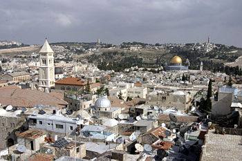 The Old City of Jerusalem with a view of Mount Scopus and the Mount of Olives