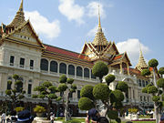 Chakri Maha Prasat Throne Hall, a nineteenth century styled building with a traditional Thai stucco roof, located within the Grand Palace compound.