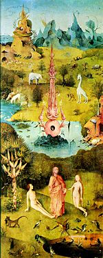 Left panel (The Earthly Paradise, Garden of Eden), from Hieronymus Bosch's The Garden of Earthly Delights. This artist showed in his paintings part of the desires that induce human beings in pursuit of a heaven on earth.
