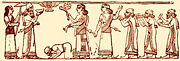 Jehu of Israel, kneeling, offers tribute to Shalmaneser III
