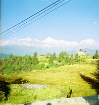 The Kanchenjunga, the world's third tallest peak, viewed from "Hanuman Tok," near Gangtok. The central peak is the Kanchenjunga.