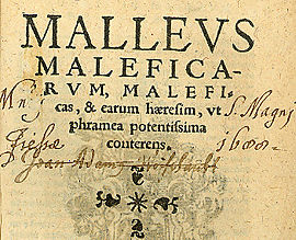 Cover of the seventh Cologne edition of the Malleus Maleficarum, 1520 (from the University of Sydney Library). The Latin title is "MALLEUS MALEFICARUM, Maleficas, & earum hæresim, ut phramea potentissima conterens." (English: The Hammer of Witches which destroyeth Witches and their heresy as with a two-edged sword.)