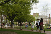 Undergraduates walk across Keyser Quadrangle in Spring at the Johns Hopkins University