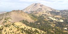 Lassen Peak from the summit of Brokeoff Mountain. Photo shows 1915 tongue of lava and Vulcan's Eye.
