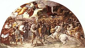 Raphael's The Meeting between Leo the Great and Attila depicts Leo, escorted by Saint Peter and Saint Paul, meeting with the Hun king outside Rome