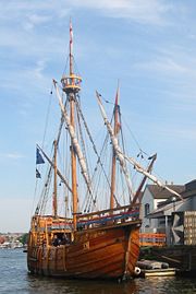 A replica of the Matthew in Bristol Harbor, August 2004