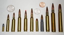 Some typical present-day rifle cartridges, l to r: .22 rimfire Long Rifle; .223 Remington, .22-250 Remington, .257 Roberts, 7mm-08 Remington, 7mm Mauser (7 x 57), .30 Carbine, 7.62 x 39 mm in steel case, .30-06 Springfield, .300 Weatherby Magnum, .375 Holland & Holland Magnum.