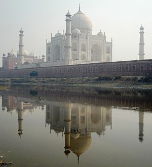 The Taj Mahal, viewed from the Northern bank of the Yamuna River