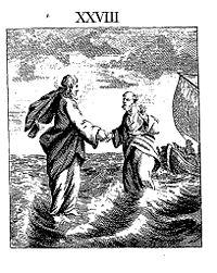 From Trimmer's A Description of a Set of Prints Taken from the New Testament: "Jesus spake unto them, saying, It is I, be not afraid. And Peter answered and said Lord, if it be thou, bid me come to thee on the water: and he said, Come. And when Peter was come out of the ship, he (through the power of CHRIST) walked on the water likewise; but when he saw the wind boisterous, his faith or belief in CHRIST'S power, failed, he was afraid, and beginning to sink, he cried out, Lord, save me! And immediately JESUS stretched forth his hand and caught him, saying, O thou of little faith, wherefore didst thou doubt?"