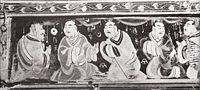 A second-century lacquer-painted scene on a basket box showing famous figures from Chinese history who were paragons of filial piety; Zhang Heng became well-versed at an early age in the Chinese classics and the philosophy of China's earlier sages.