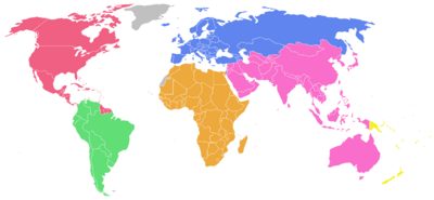 Map of the FIFA World with the six confederations.