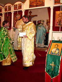 Orthodox clergy at All Saints Antiochian Orthodox Church, Raleigh, NC (L to R): priest, two deacons, bishop