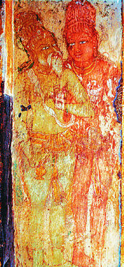 Mural found in the Brihadeesvara temple, Tamil Nadu, 11th century. The claim that this represents Rajaraja Chola (in the background) and his guru Karuvurar remain to be scientifically proven.