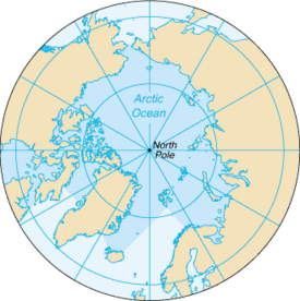 An Azimuthal projection showing the Arctic Ocean and the North Pole.