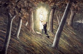 A painting of Joseph Smith Jr. receiving the Golden Plates from the angel Moroni.