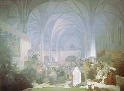 A painting by Alfons Mucha showing Jan Hus preaching at the Bethlehem Chapel