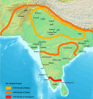 Map of the Moghul Empire showing greatest extent before its decline following Aurangzeb's 48 year reign (1707).